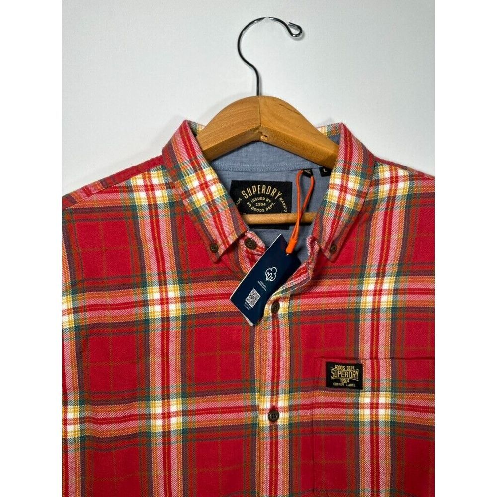 NWT Mens Red‎ Plaid Superdry Strength Flannel Cotton Long Sleeve Shirt Size L